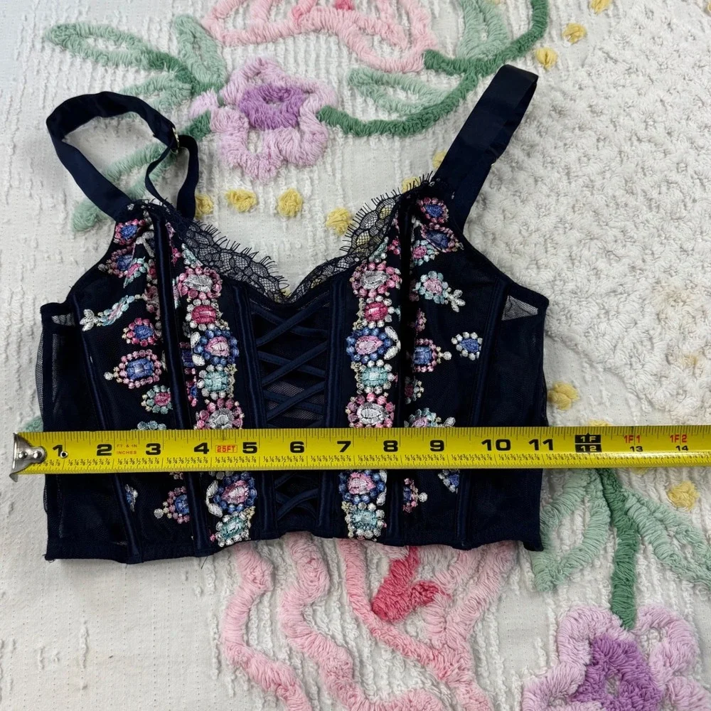 Victoria's‎ Secret Corset Bustier Top Set Floral Lace Up Burgundy Navy  xs - Picture 9 of 15